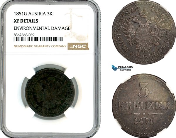 AL225, Austria, Franz Joseph, 3 Kreuzer 1851 G, Nagybanya (Baia Mare) Mint, NGC XF Details