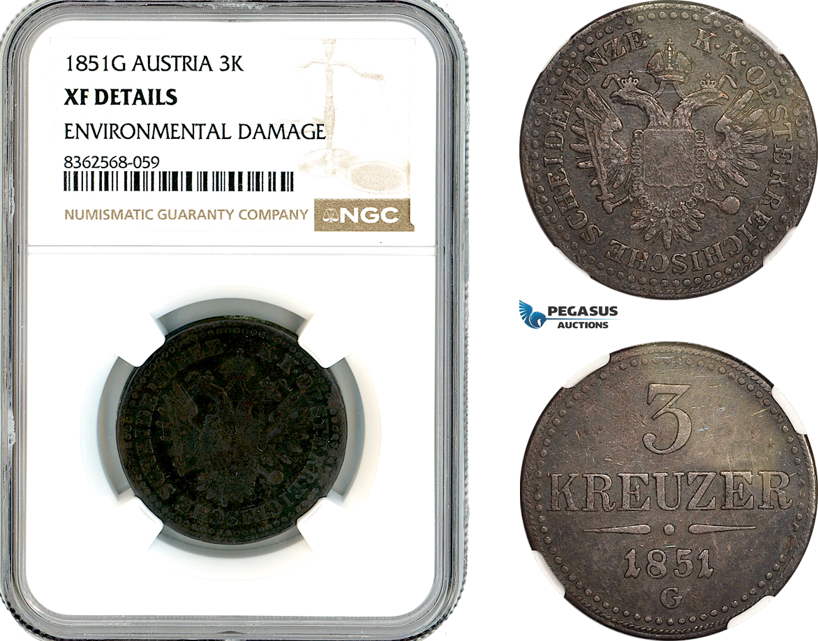 AL225, Austria, Franz Joseph, 3 Kreuzer 1851 G, Nagybanya (Baia Mare) Mint, NGC XF Details