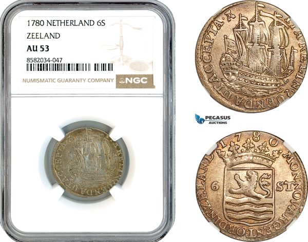 AL227, Netherlands, Zeeland, 6 Stuiver 1780, Middelburg Mint, Silver, NGC AU53