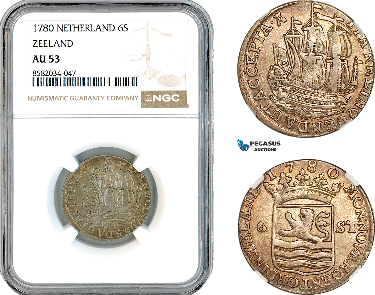AL227, Netherlands, Zeeland, 6 Stuiver 1780, Middelburg Mint, Silver, NGC AU53