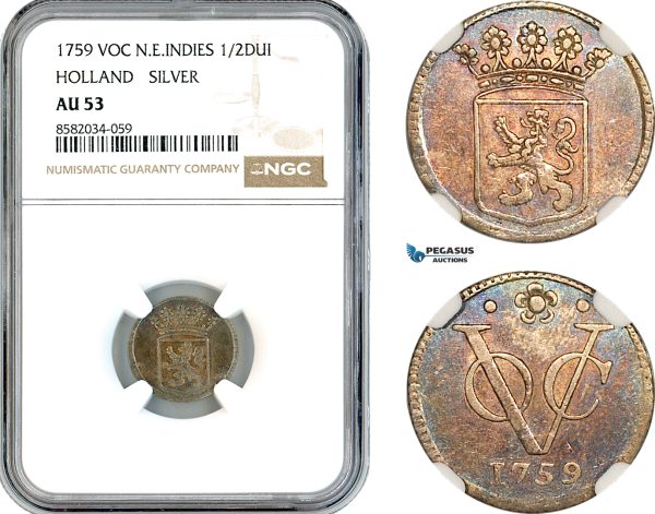 AL228, Netherlands East Indies, VOC, 1/2 Duit 1759, Silver, Holland Arms, NGC AU53