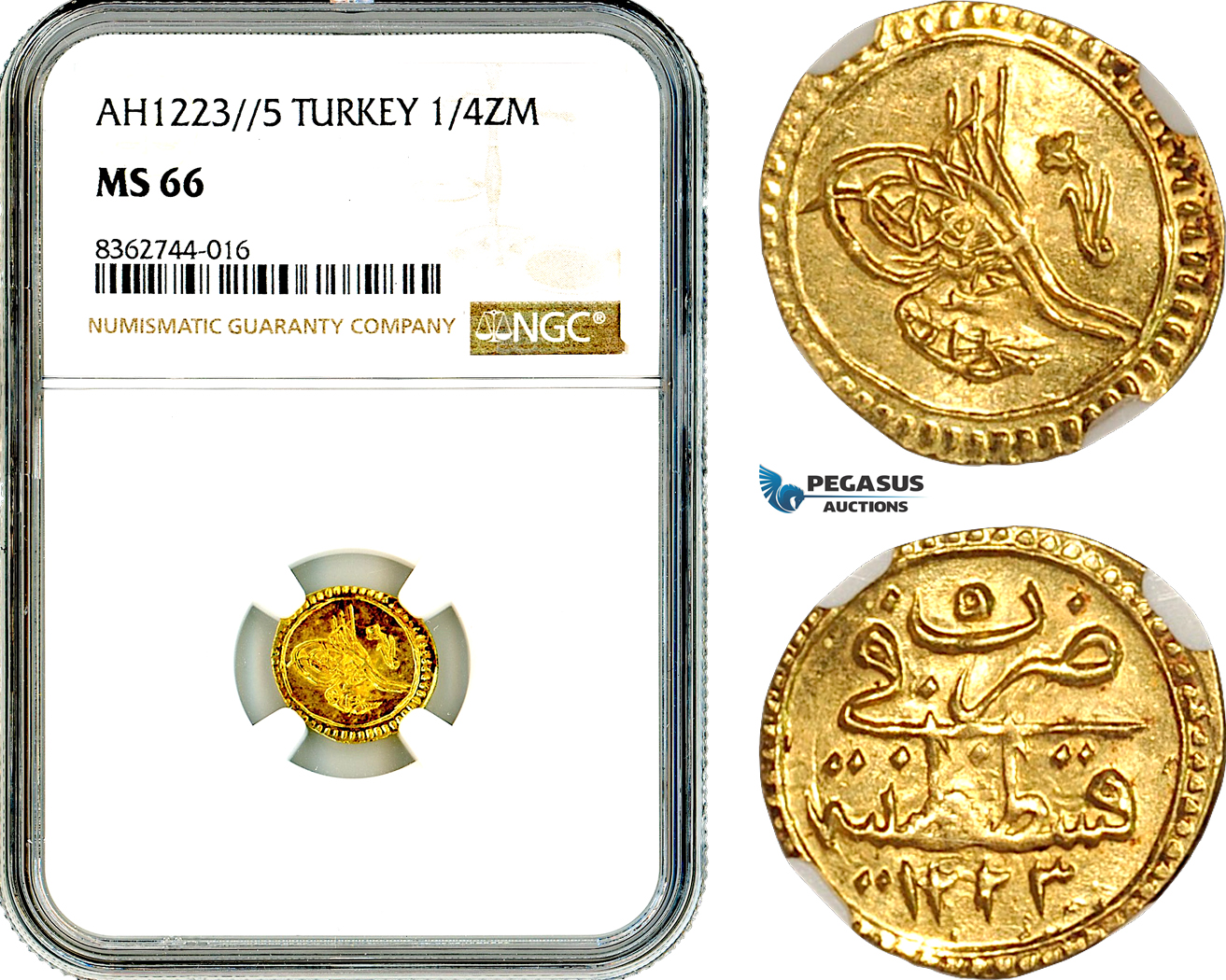 AL232, Turkey, Ottoman Empire, Mahmud II, 1/4 Zeri Mahbub AH1223//5, Konstantiniyyie Mint, Gold, NGC MS66