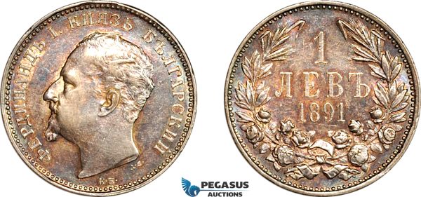 AL236, Bulgaria, Ferdinand I, 1 Lev 1891 KB, Kremnitz Mint, Silver, Cleaned in the past, AU