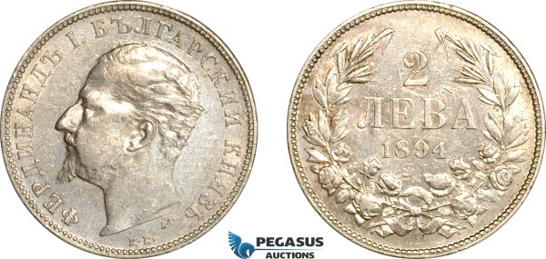 AL237, Bulgaria, Ferdinand I, 2 Leva 1894 KB, Kremnitz Mint, Silver, Cleaned, AU