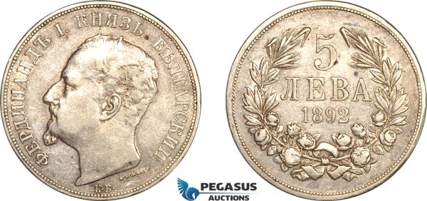 AL238, Bulgaria, Ferdinand I, 5 Leva 1892 KB, Kremnitz Mint, Silver, Cleaned, VF-XF