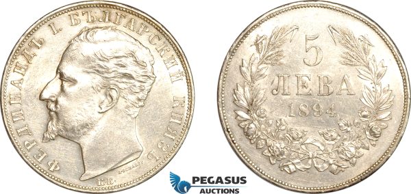 AL239, Bulgaria, Ferdinand I, 5 Leva 1894 KB, Kremnitz Mint, Silver, Cleaned, AU-UNC