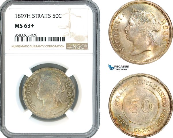 AL024, Straits Settlements, Victoria, 50 Cents 1897 H, Heaton Mint, NGC MS63+, Top Pop & Single finest graded! Very Rare!