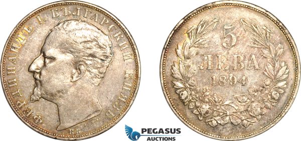 AL240, Bulgaria, Ferdinand I, 5 Leva 1894 KB, Kremnitz Mint, Silver, Scratches, XF-AU