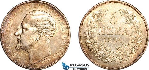 AL241, Bulgaria, Ferdinand I, 5 Leva 1894 KB, Kremnitz Mint, Silver, Cleaned in the past, AU
