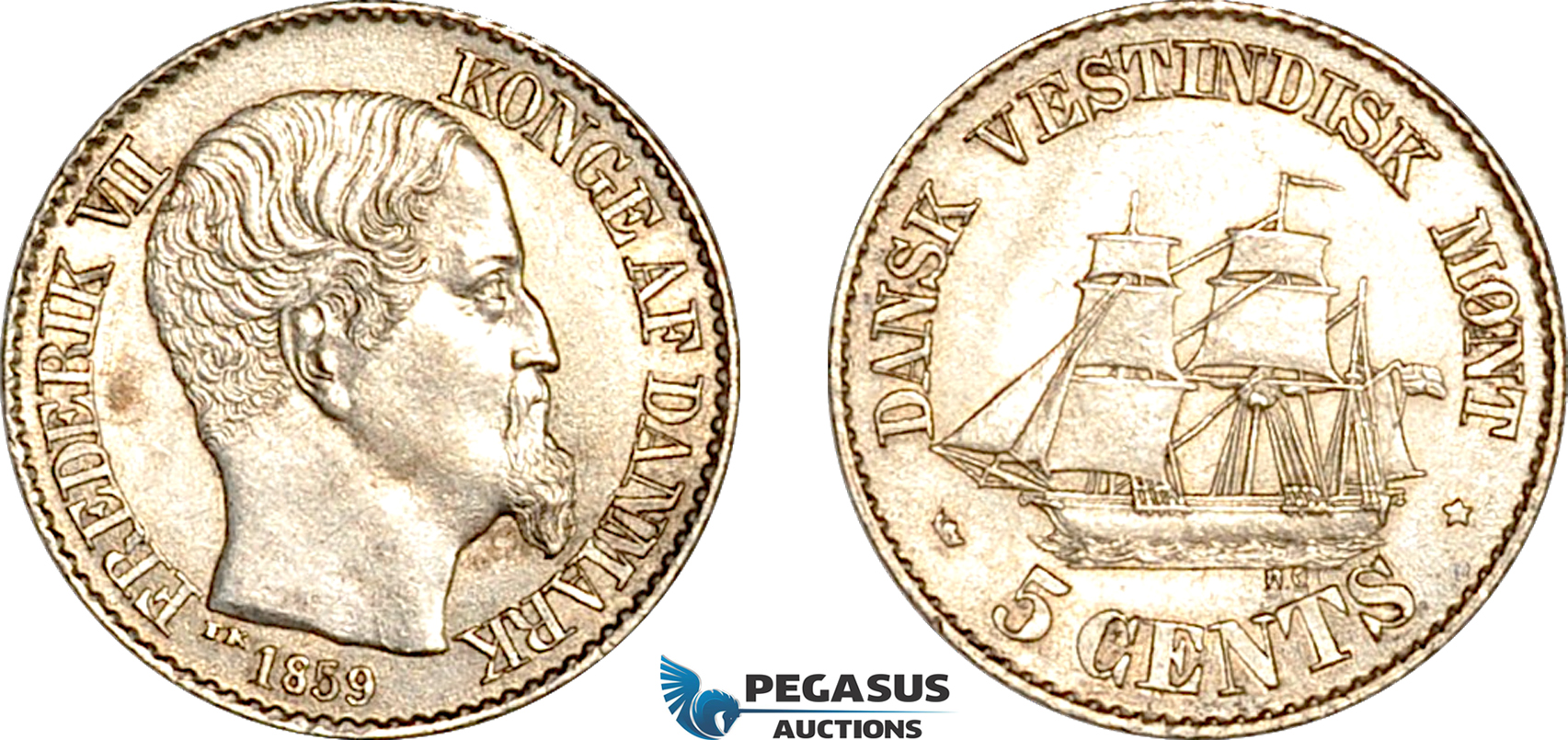 AL246, Danish West Indies, Frederik VII, 5 Cents 1859, Copenhagen Mint, Silver, Light cleaning, aUNC