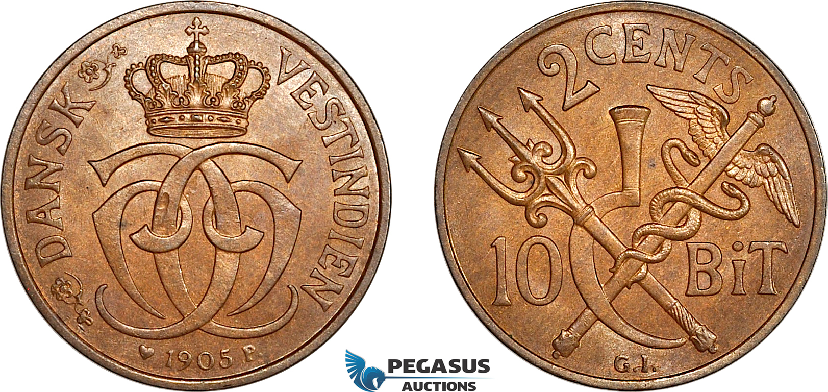 AL247, Danish West Indies, Christian IX, 2 1/2 Bit - 1/2 Cent 1905, Copenhagen Mint, aUNC