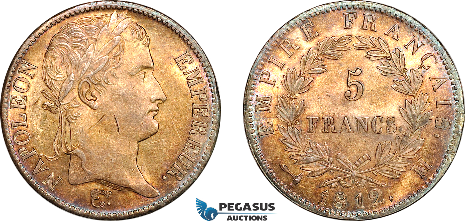 AL248, France, Napoleon I, 5 Francs 1812 M, Toulouse Mint, Silver, Small scrathes, Toned, AU