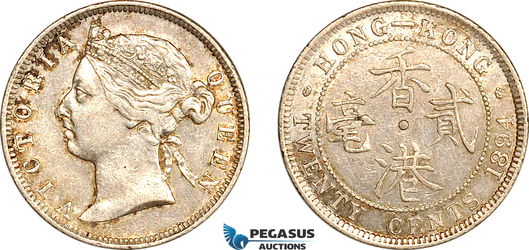 AL250, Hong Kong, Victoria, 20 Cents 1894, London Mint, Silver, Light cleaning, AU