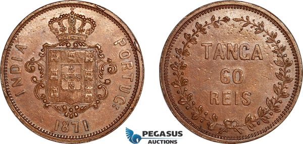 AL251, Portuguese India, Luiz I, 1 Tanga / 60 Reis 1871, Bombay Mint, Cleaned, AU