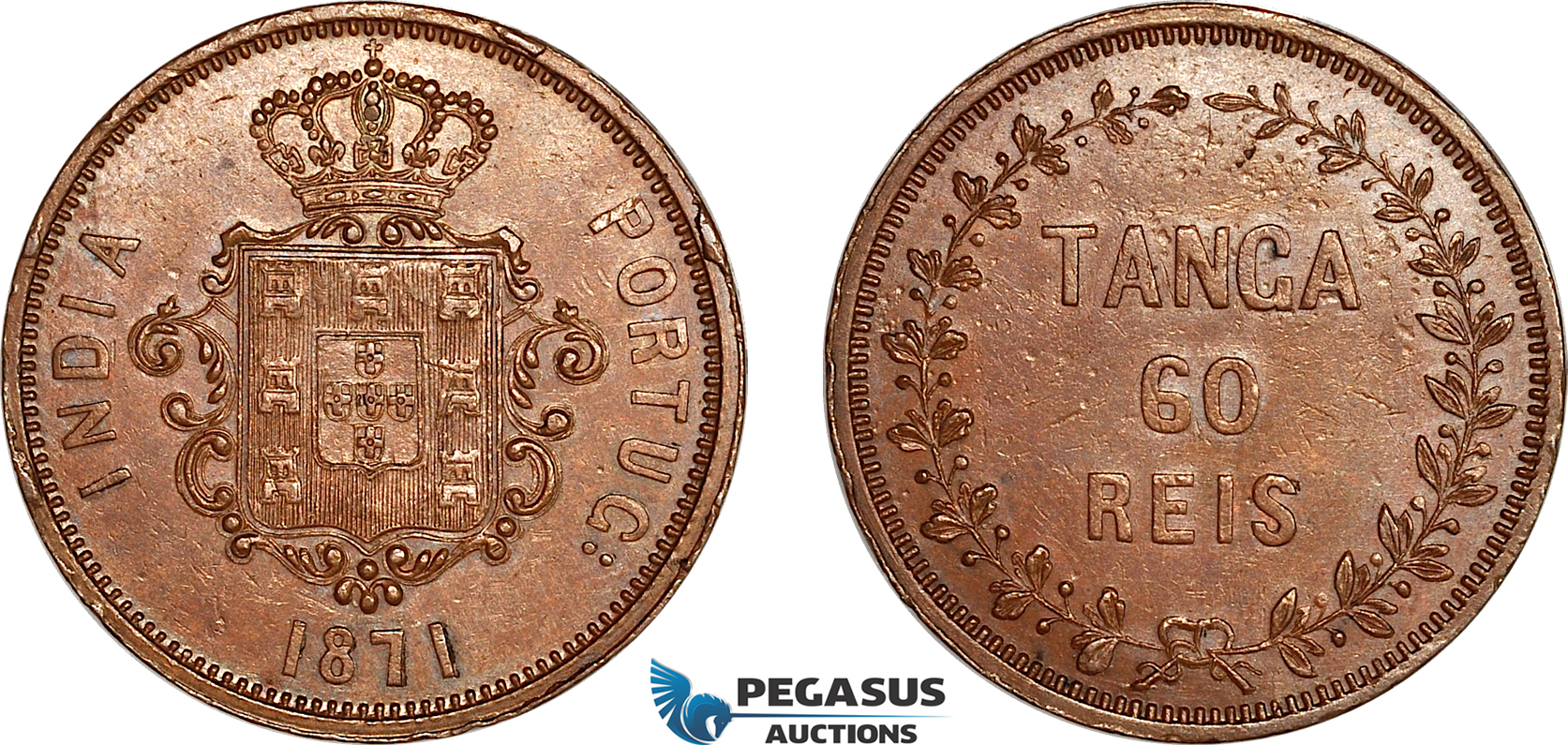 AL251, Portuguese India, Luiz I, 1 Tanga / 60 Reis 1871, Bombay Mint, Cleaned, AU