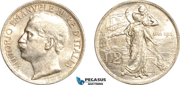 AL252, Italy, Vit. Emanuele III, Kingdom Anniversary, 2 Lire 1911 R, Rome Mint, Silver, Cleaned, AU
