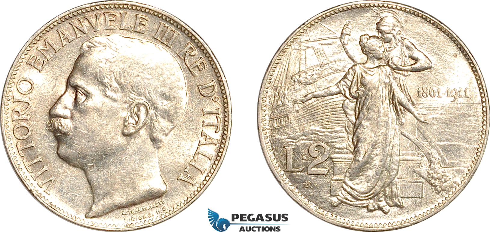 AL252, Italy, Vit. Emanuele III, Kingdom Anniversary, 2 Lire 1911 R, Rome Mint, Silver, Cleaned, AU