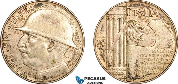 AL253, Italy, Vittorio Emanuele III, 20 Lire 1928 VI R, Rome Mint, Silver, 10th Anniversary of the End of World War I, Toned, XF-AU