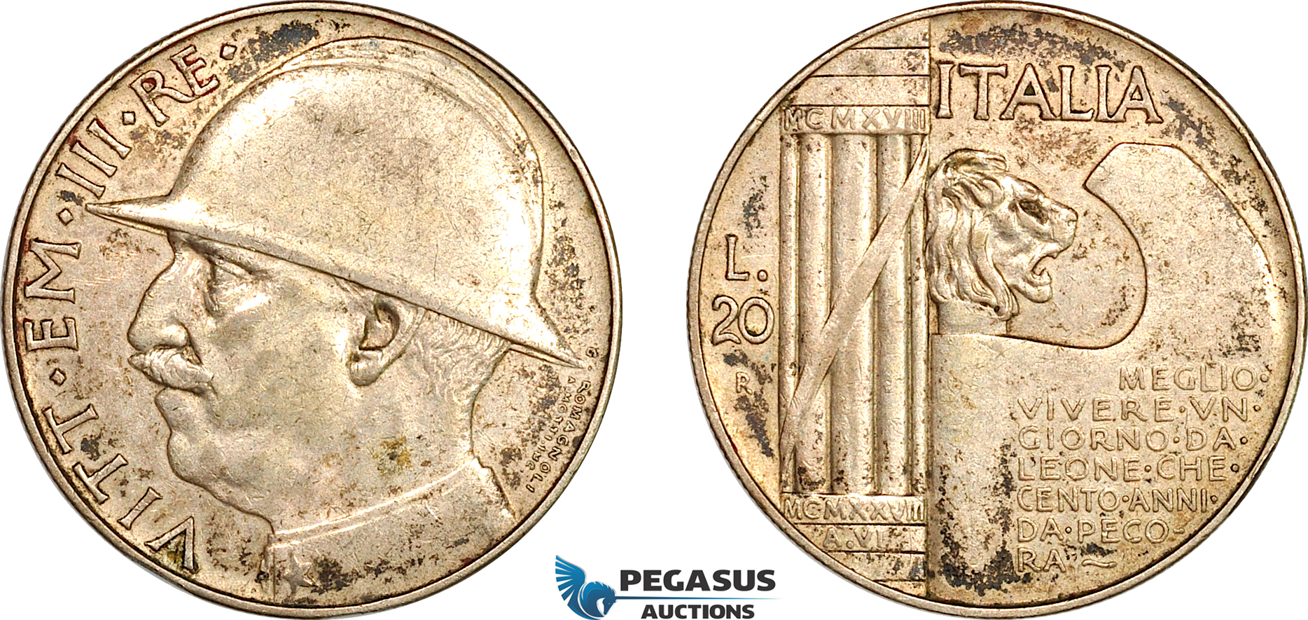 AL253, Italy, Vittorio Emanuele III, 20 Lire 1928 VI R, Rome Mint, Silver, 10th Anniversary of the End of World War I, Toned, XF-AU