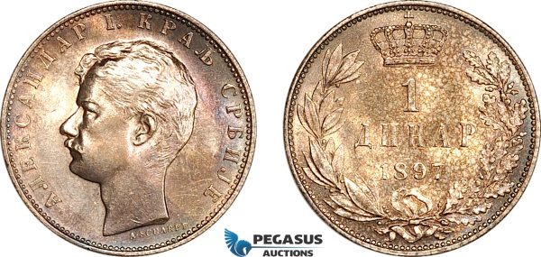 AL270, Serbia, Alexander I, 1 Dinar 1897, Vienna Mint, Silver, Cleaned, AU-UNC