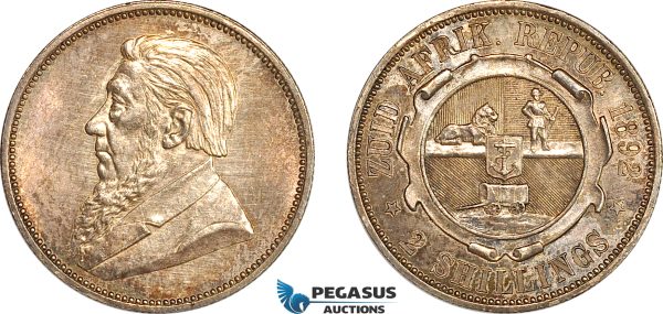 AL271, South Africa (ZAR) 2 Shillings 1892, Berlin Mint, Silver, Cleaned, AU-UNC