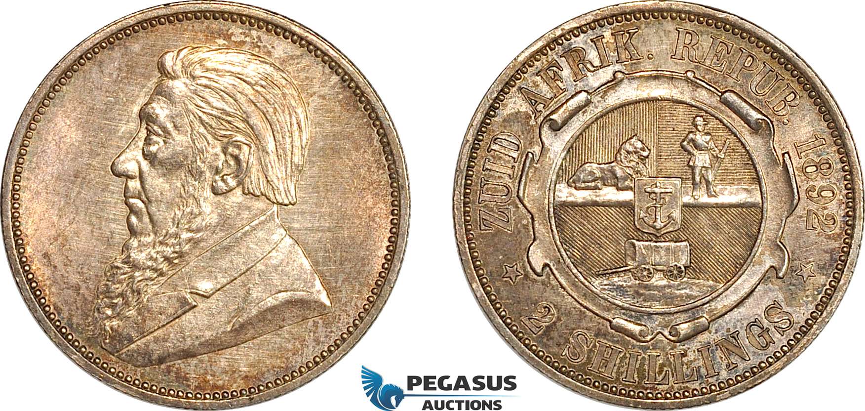 AL271, South Africa (ZAR) 2 Shillings 1892, Berlin Mint, Silver, Cleaned, AU-UNC