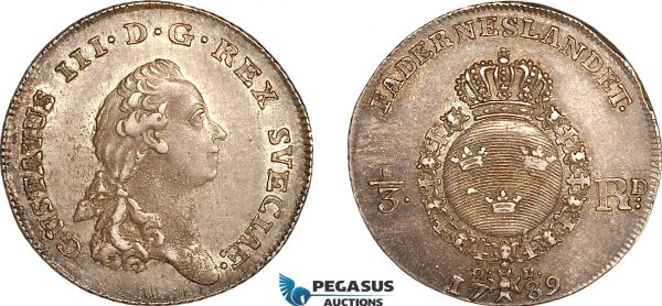 AL272, Sweden, Gustav III, 1/3 Riksdaler 1789-OL, Stockholm Mint, Silver, Toned, AU