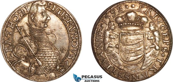 AL273, Transylvania (Siebenbürgen), Sigismund Bathory, Taler 1593/2, Nagybanya (Baia Mare) Mint, Silver (28.22g) Dav-8803, Toned, Much remaining luster! AU, Very Rare!