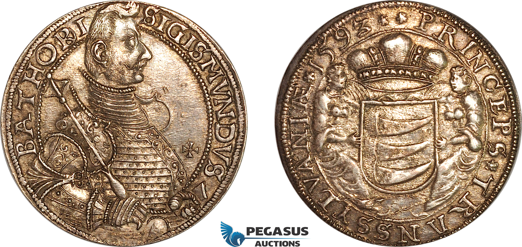 AL273, Transylvania (Siebenbürgen), Sigismund Bathory, Taler 1593/2, Nagybanya (Baia Mare) Mint, Silver (28.22g) Dav-8803, Toned, Much remaining luster! AU, Very Rare!