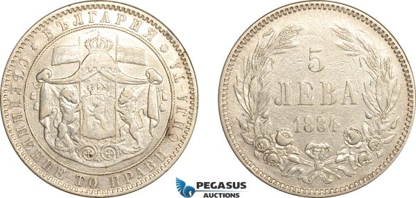 AL282, Bulgaria, Alexander I, 5 Leva 1884, St. Petersburg Mint, Silver, Cleaned, VF-XF
