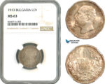 AL298, Bulgaria, Ferdinand I, 1 Lev 1913, Vienna Mint, Silver, NGC MS63