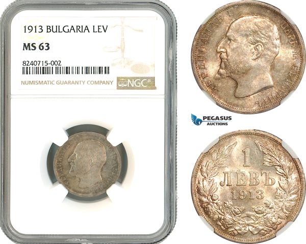 AL298, Bulgaria, Ferdinand I, 1 Lev 1913, Vienna Mint, Silver, NGC MS63