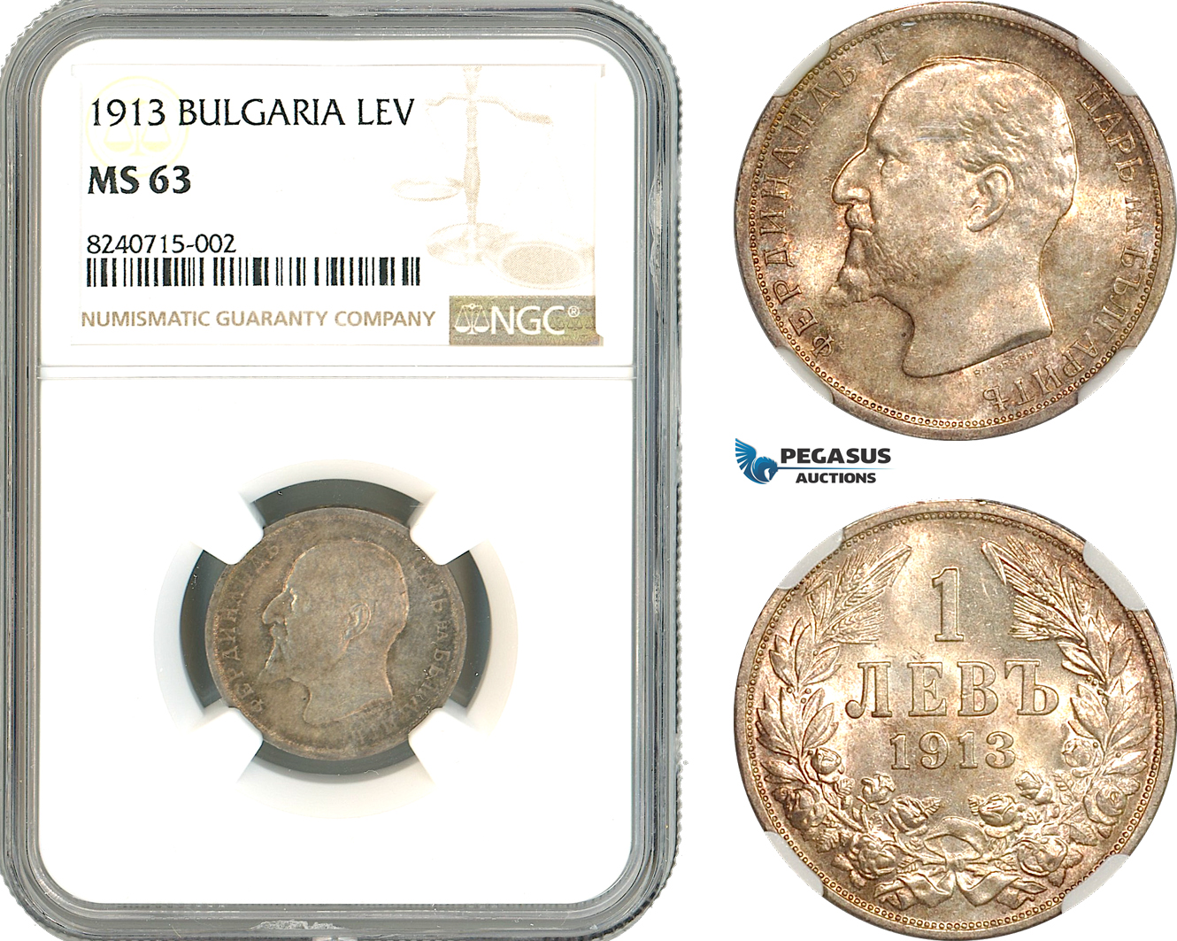 AL298, Bulgaria, Ferdinand I, 1 Lev 1913, Vienna Mint, Silver, NGC MS63