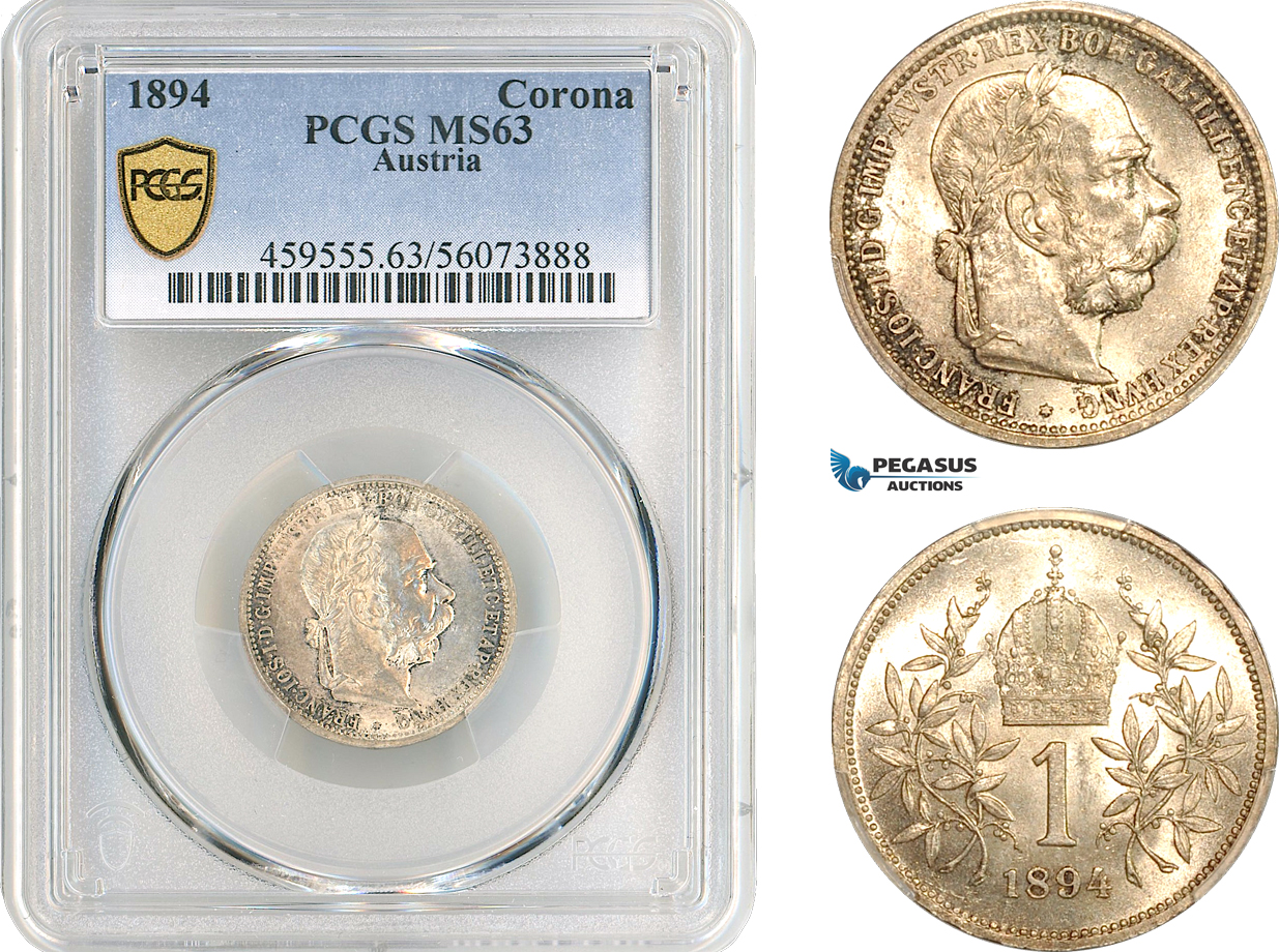 AL299, Austria, Franz Joseph, 1 Corona 1894, Vienna Mint, Silver, PCGS MS63