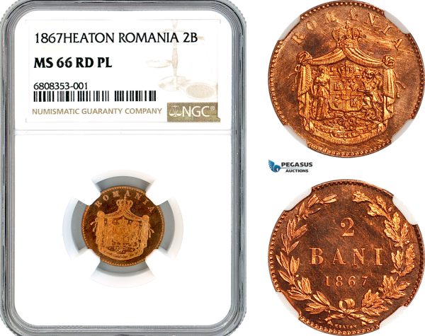 AL305, Romania, Carol I, 2 Bani 1867, Heaton Mint, NGC MS66RD PL, Top Pop!