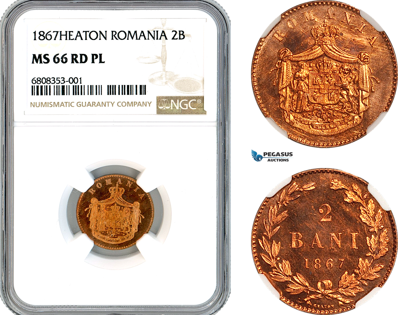 AL305, Romania, Carol I, 2 Bani 1867, Heaton Mint, NGC MS66RD PL, Top Pop!