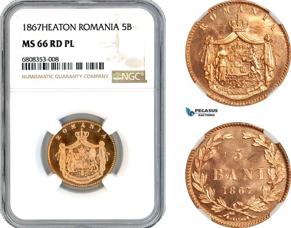 AL306, Romania, Carol I, 5 Bani 1867, Heaton Mint, NGC MS66RD PL