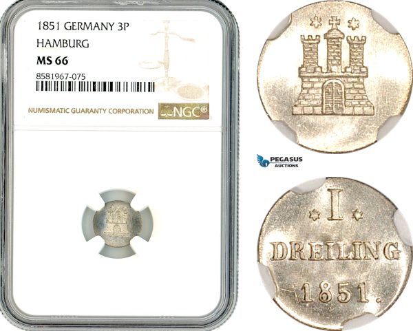 AL307, Germany, Hamburg, 1 Dreiling 1851, Billon, NGC MS66, Top Pop!