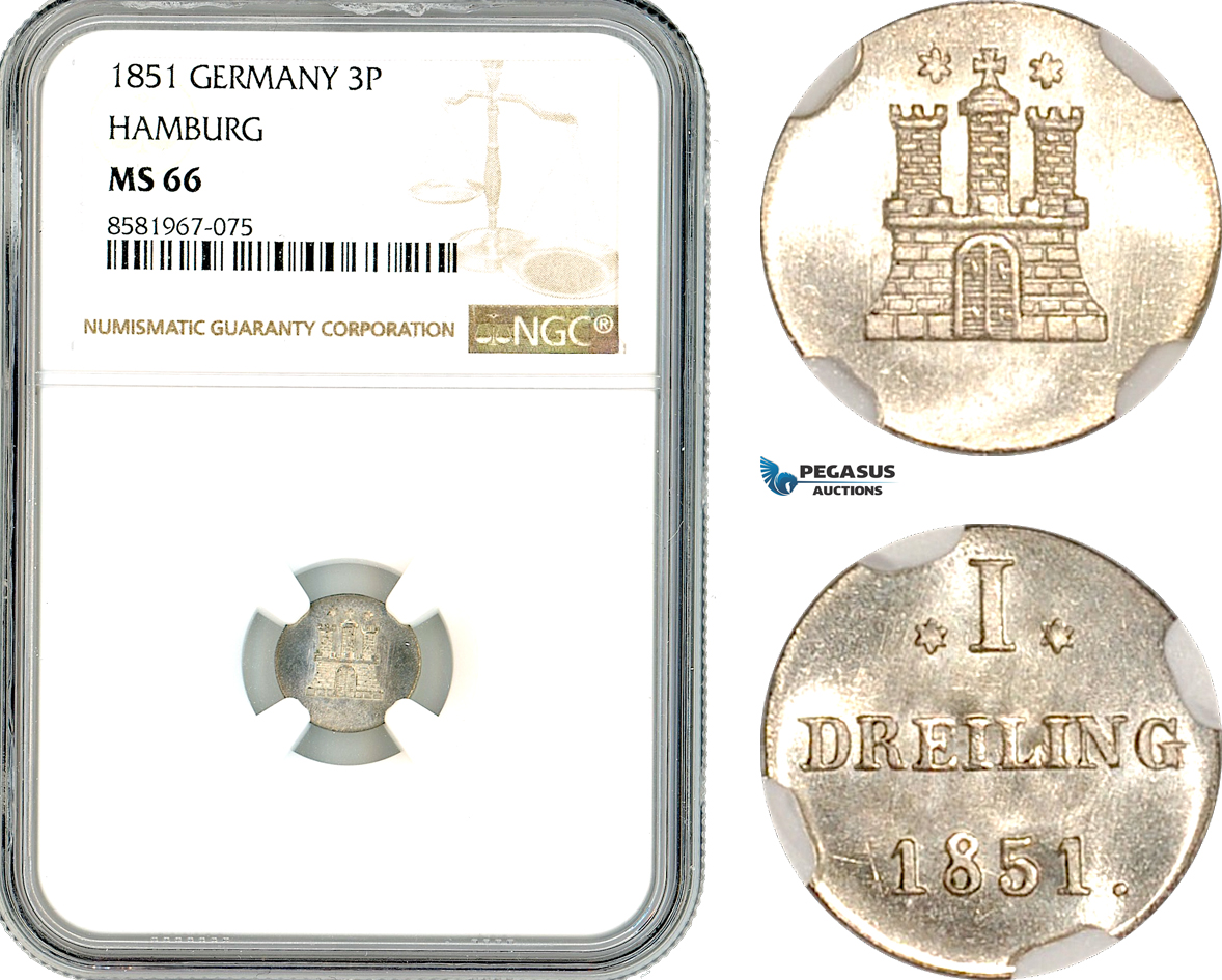 AL307, Germany, Hamburg, 1 Dreiling 1851, Billon, NGC MS66, Top Pop!