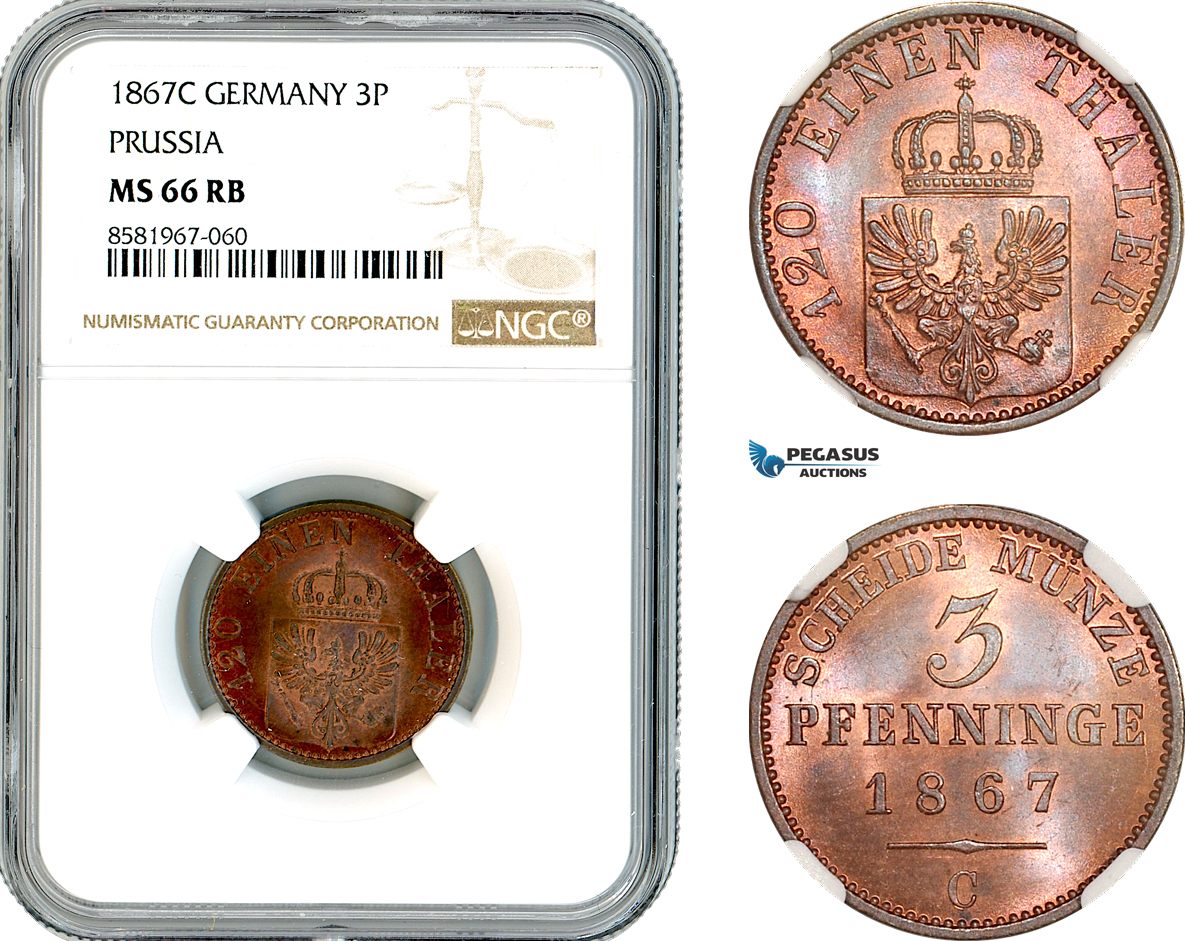 AL308, Germany, Prussia, Wilhelm I, 3 Pfennige 1867 C, Frankfurt Mint, NGC MS66RB, Top Pop!