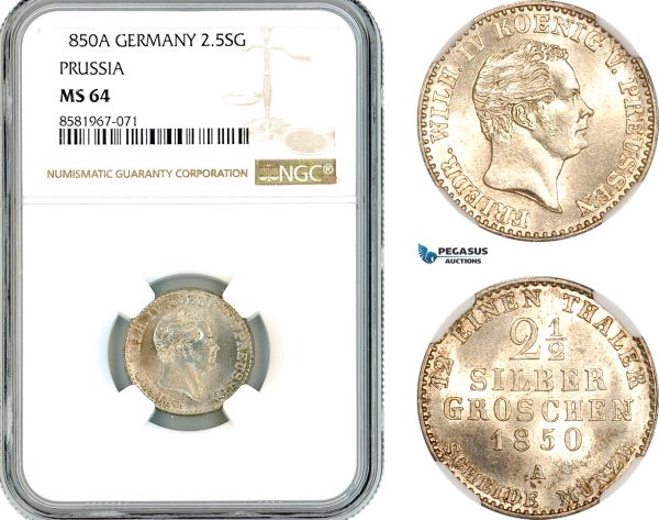 AL309, Germany, Prussia, Friedrich Wilhelm IV, 2 1/2 Silbergroschen 1850 A, Berlin Mint, Billon, NGC MS64