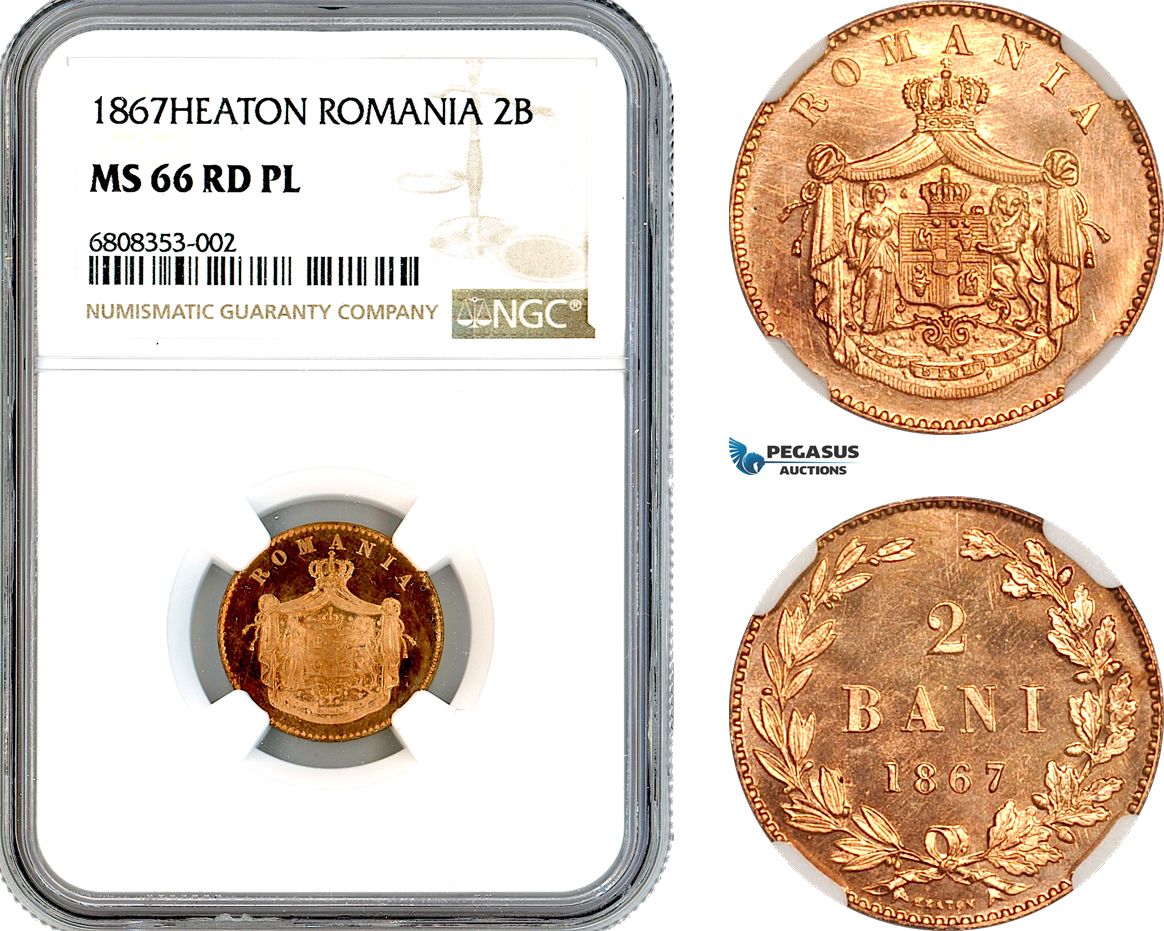 AL311, Romania, Carol I, 2 Bani 1867, Heaton Mint, NGC MS66RD PL, Top Pop!