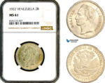 AL364, Venezuela, 2 Bolivares 1922, Philadelphia Mint, Silver, NGC MS61