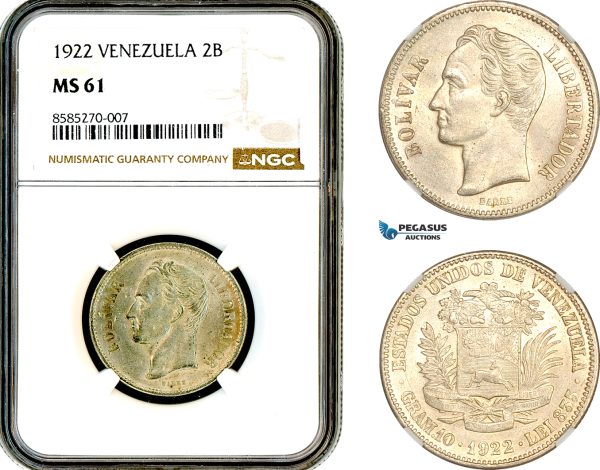 AL364, Venezuela, 2 Bolivares 1922, Philadelphia Mint, Silver, NGC MS61