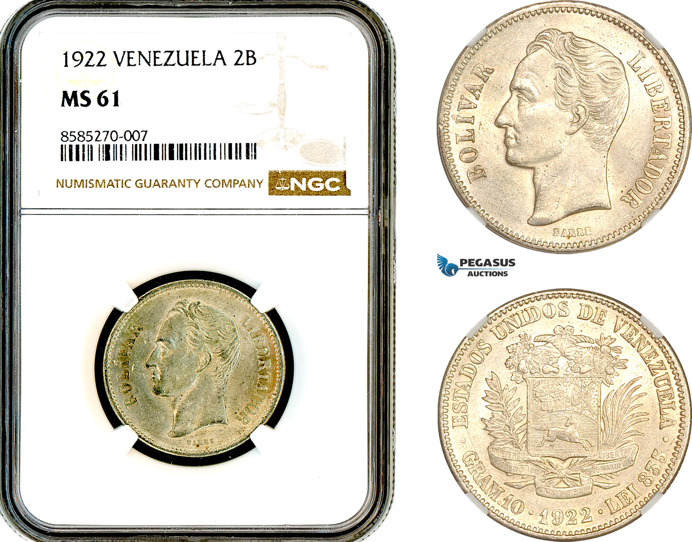 AL364, Venezuela, 2 Bolivares 1922, Philadelphia Mint, Silver, NGC MS61