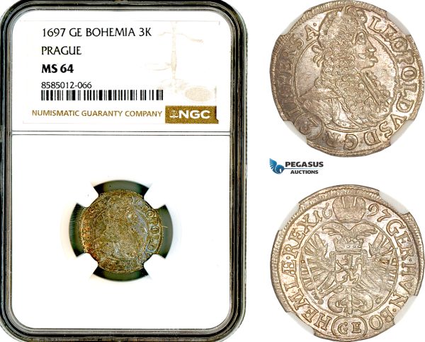 AL365, Austria (Bohemia) Leopold I, 3 Kreuzer 1697 GE, Prague Mint, Silver, NGC MS64