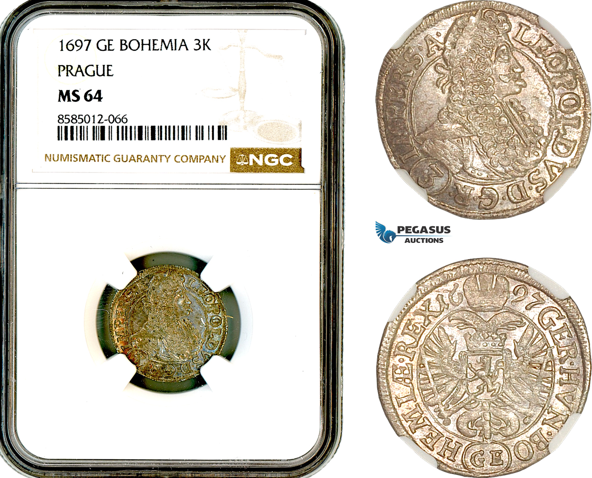 AL365, Austria (Bohemia) Leopold I, 3 Kreuzer 1697 GE, Prague Mint, Silver, NGC MS64