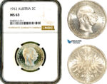 AL366, Austria, Franz Joseph, 2 Corona 1912, Vienna Mint, Silver, NGC MS63, Prooflike!