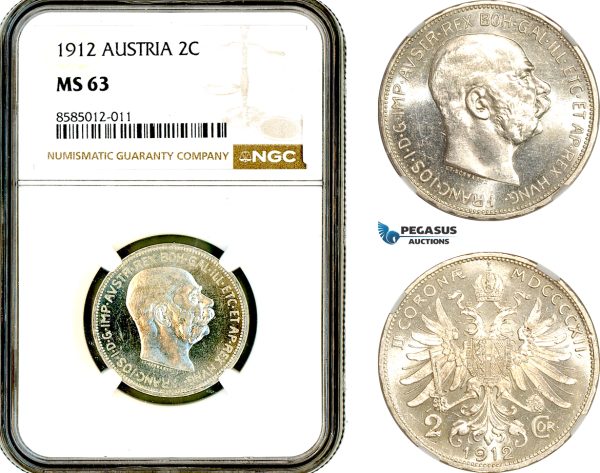 AL366, Austria, Franz Joseph, 2 Corona 1912, Vienna Mint, Silver, NGC MS63, Prooflike!