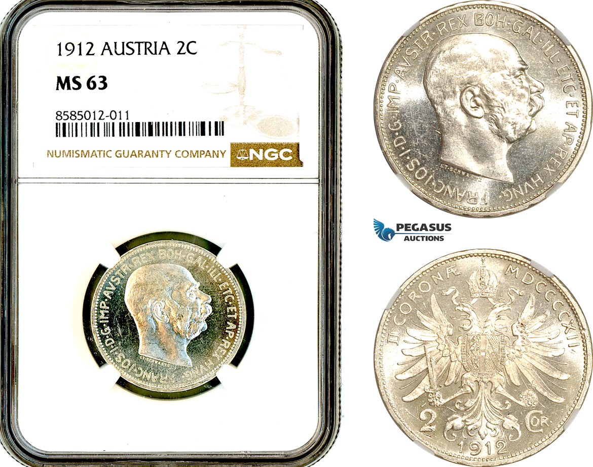 AL366, Austria, Franz Joseph, 2 Corona 1912, Vienna Mint, Silver, NGC MS63, Prooflike!